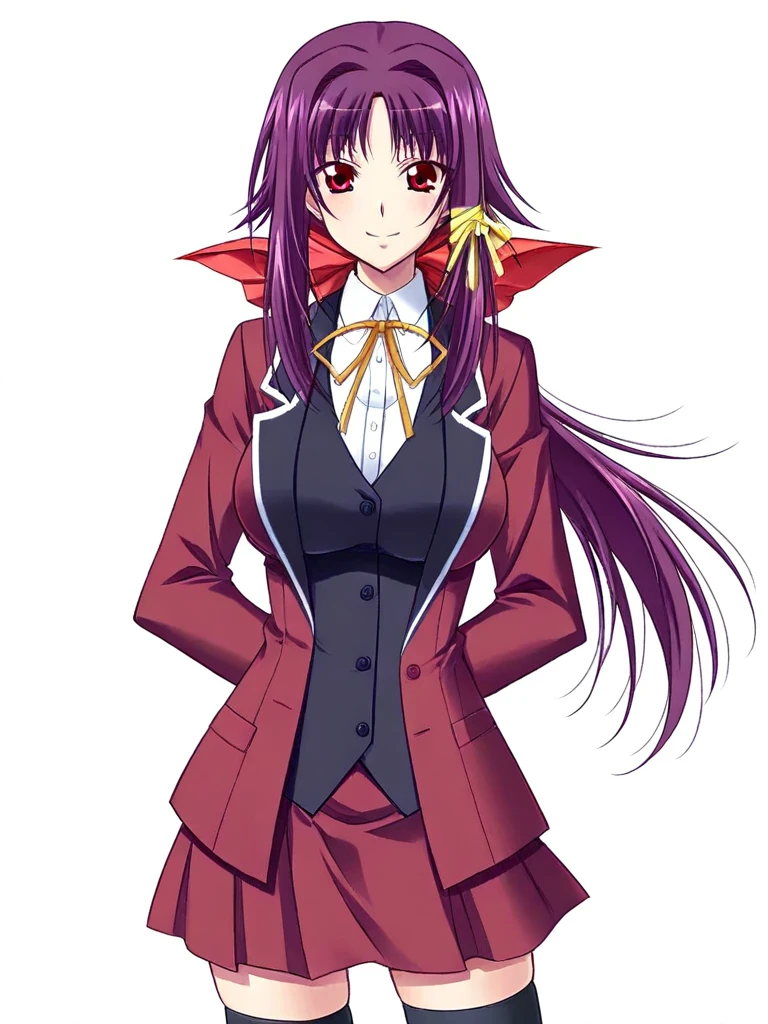 score_9, score_8_up, score_7_up,  
1girl, manami sayuri, purple hair, low ponytail, long ponytail, hair bow, red bow, red eyes, large breasts,

standing, arms behind back, smile, looking at viewer, school uniform, black vest, red blazer, neck ribbon, red skirt, thighhighs, white background,
solo,