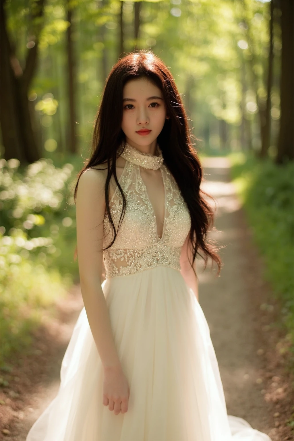 upper body photo of a beautiful asian girl wearing halter wedding dress with long wavy hair inside forest with sun lights through leaves, dslr,  high quality, light reflections, pale skin, detailed skin,<lora:flux_realism_lora:1>, . <lora:makinaflux_jujingyi_v1.0:1>