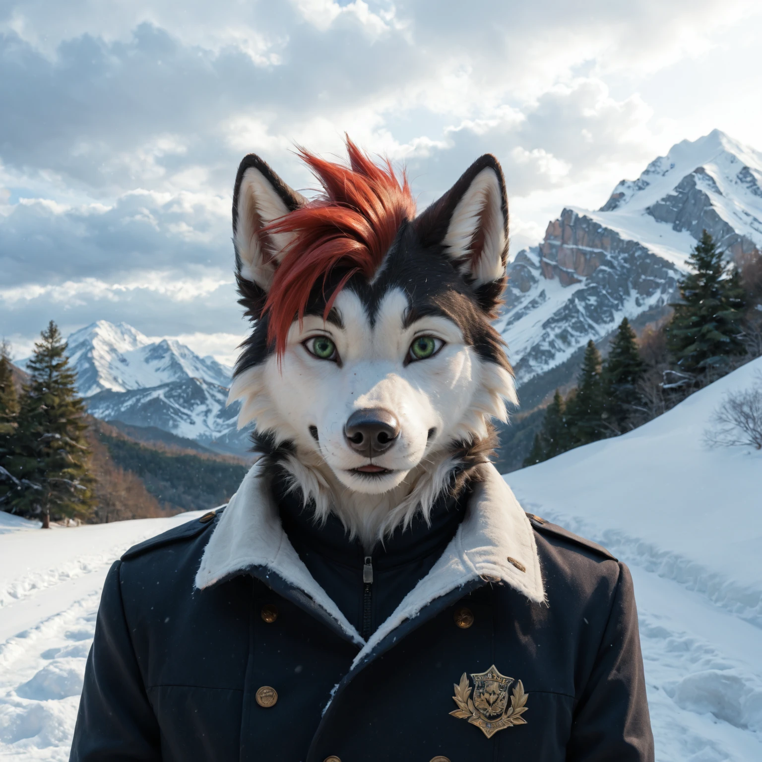 (source_furry, husky, alaskan malamute, canine, two tone fur), cute, male, headshot portrait, red hair, mohawk, green eyes, fursona, detailed background, photo,
mountains, cave, snow, snowed under, cold, clothed, coat, hiding