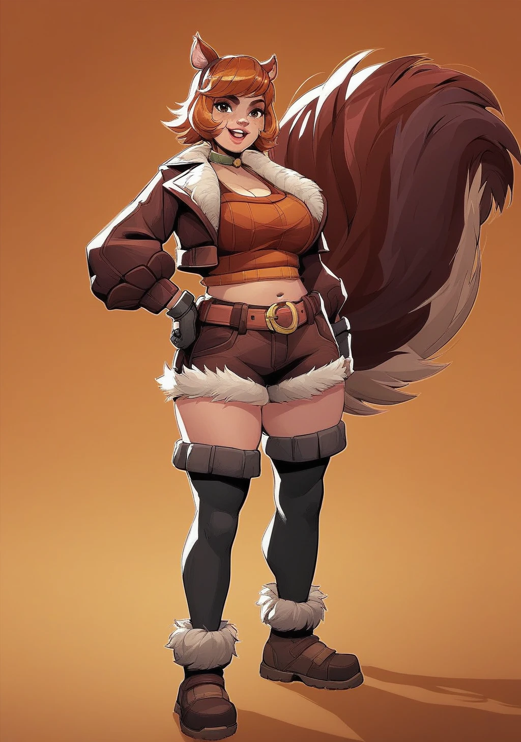 score_9, score_8_up, score_7_up, score_6_up, score_5_up, score_4_up, masterpiece, high quality, BREAK, full body, BREAK, 1girl,  <lora:Squirrel_Girl_Marvel_Rivals_PonyXL:0.8> squirrel girl, squirrel tail, squirrel ears, brown hair, brown jacket, animal ears, black stockings, brown boots, fur boots, brown top, crop top,