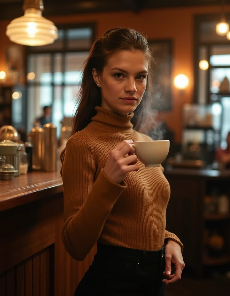 Photo of a woman in a turtle neck sweater, standing in a vintage coffee shop, looking at the camera with a curious expression, steam rising from her cup, warm lighting, nostalgic atmosphere, realistic, detailed. <lora:nadine_leopoid_dev_f1_k:1>