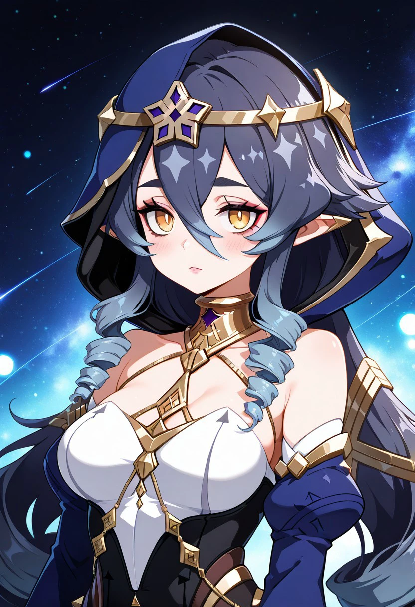 masterpiece, best quality, 32k, high resolution, absurdres, medium breasts, (curvy), cute, eyelashes,
zzLayla, yellow eyes, hair between eyes, blue hair, drill hair, long hair, pointy ears, bare shoulders, drill locks, hood, detached sleeves, long sleeves, hood up, jewelry, blue hood,
upper body, looking at viewer, expressionless, outer space, makeup, night, eyeshadow, pink lips, blush, bokeh, luminescent background