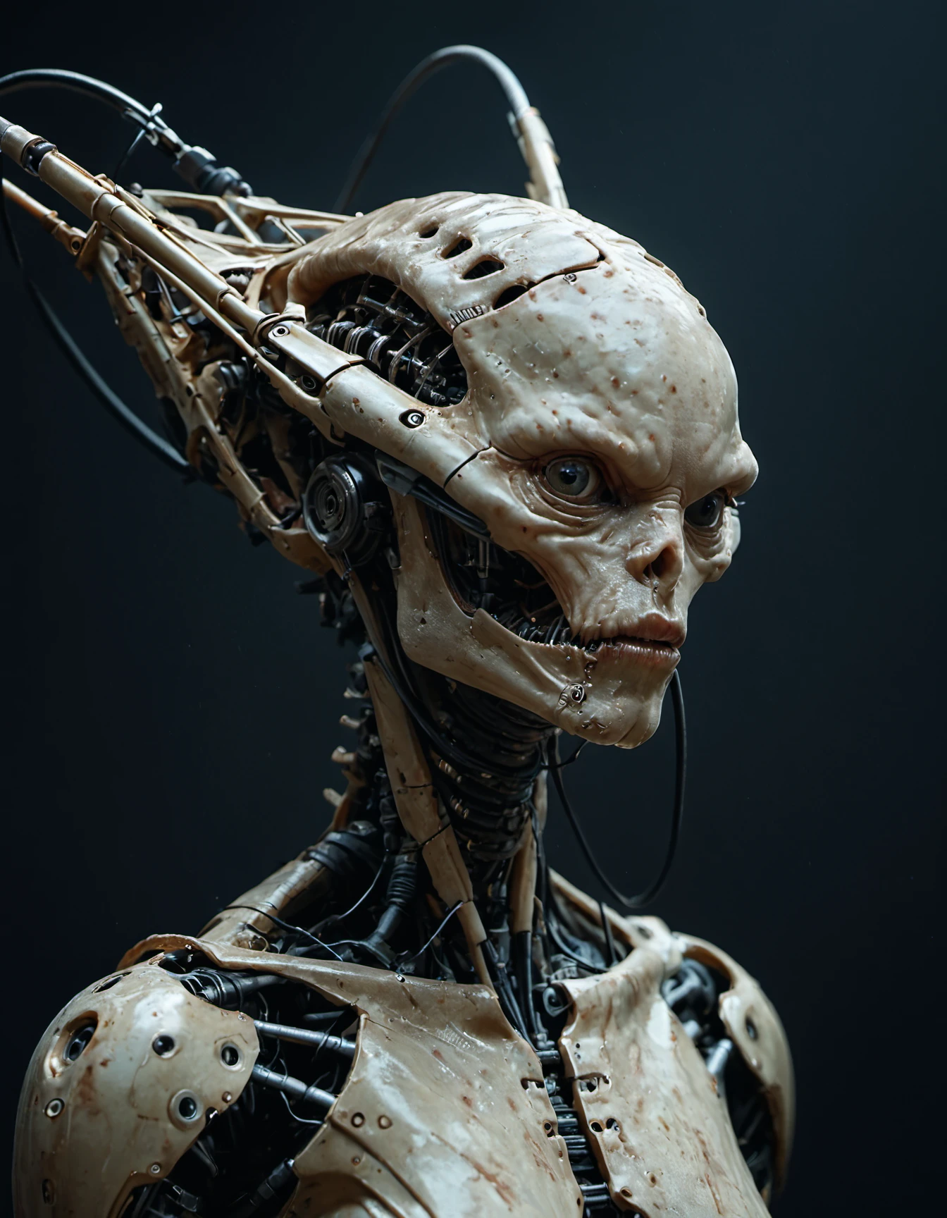 1girl, joints, machinery, mcnm, cowboy shot, mechanical parts, alien creature, portrait, reelmech, cable, science fiction, dark background, cinematic, .(((score_9)), score_8_up, score_7_up, score_6_up), rating_explicit