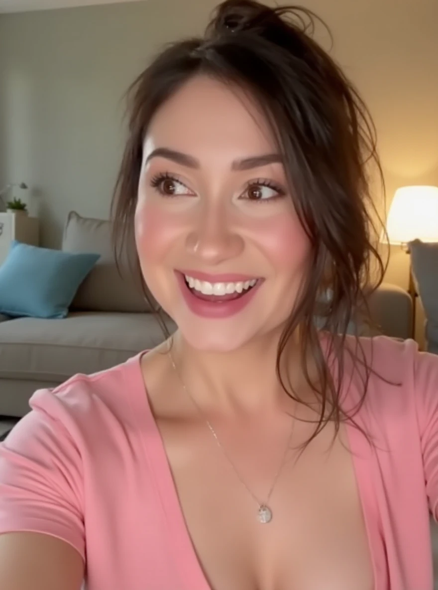 RAW photo of al3j4st0rm woman, wearing a pink tshirt, in a living room, detailed face, natural lighting, highly detailed, absurdres, smile happy

