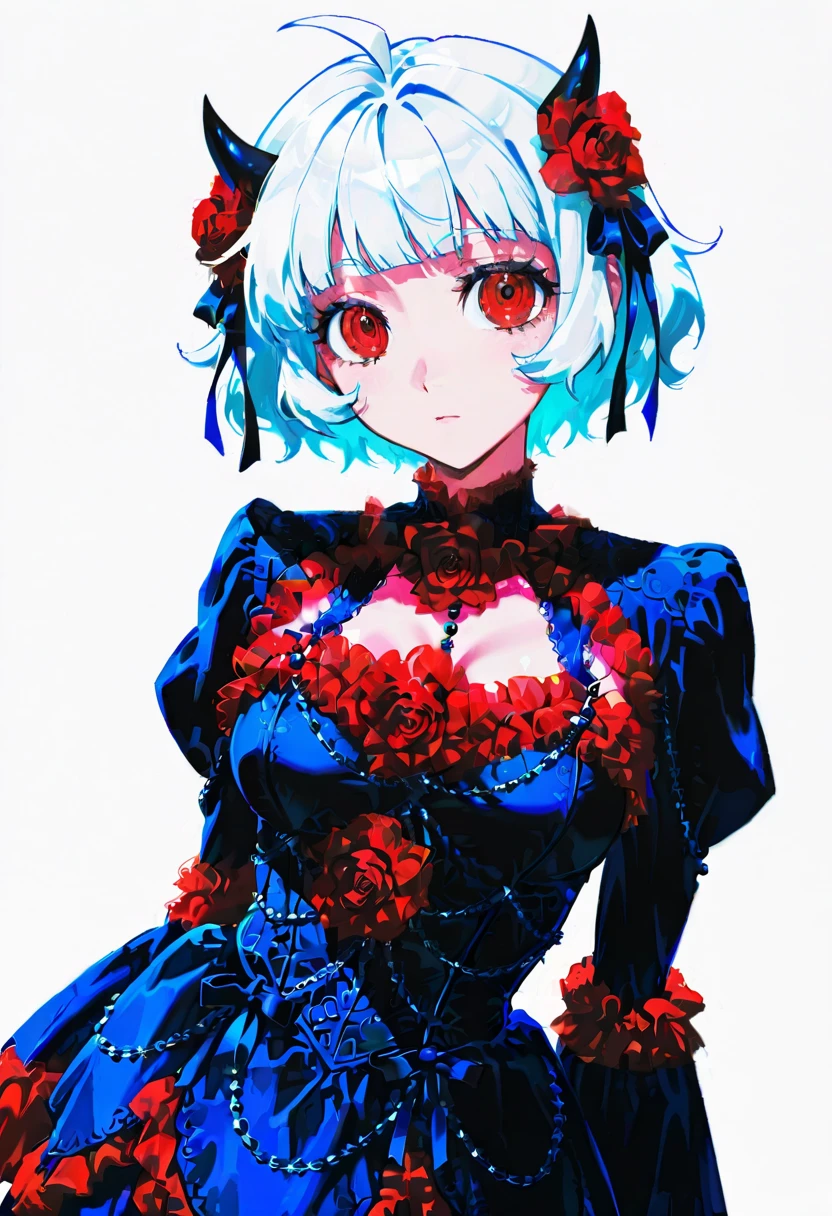 1girl,solo,looking at viewer,konya_karasue,y2khar dress, frills, dress, red flower, modeus_(helltaker)