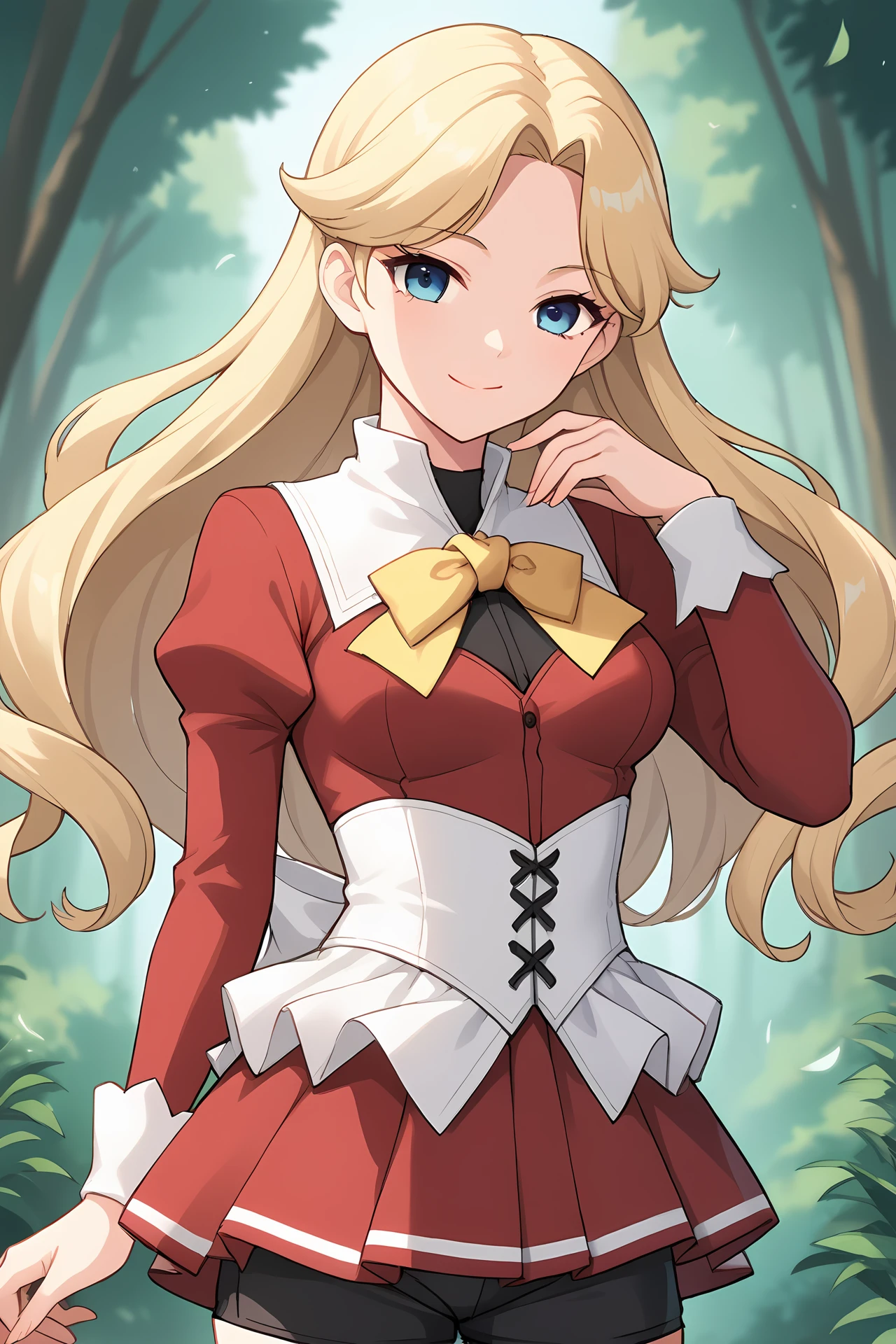 (red dress white corset yellow bow red mini skirt black shorts:1.30), cra-serene, blue eyes, blonde hair, long hair, parted bangs, parted hair, curly hair, 
medium breasts, 1girl, solo, skinny, (source_anime, score_9, score_8_up, score_8, score_7_up), score_7, score_6_up, score_6, score_5_up, score_5, 
(light smile:1.40),
(0.2:outdoors forest:1.10),
(:1.60), (:1.20),
<lora:cra-serene-V03-000003:0.70>