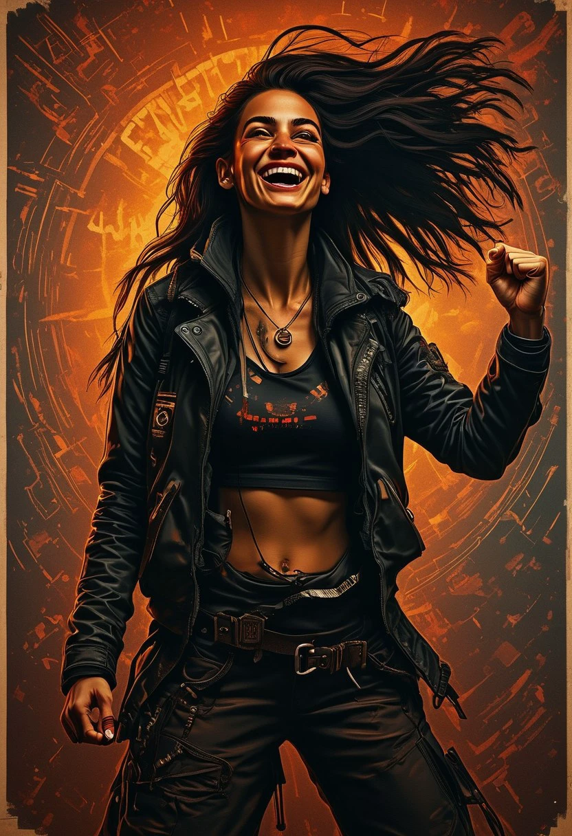 portrait of a female anarchist on a progaganda poster with cyberpunk elements. futuristic clothes. long dark hair. art. She is happy and laughing and raising a fist