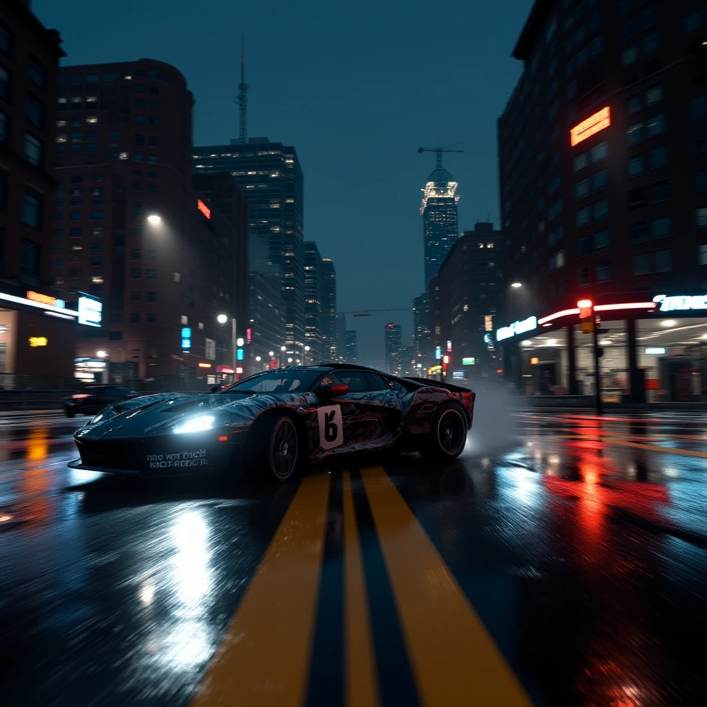 cinematic film still of  <lora:racing car style v1:0.9>
In racing style, a car is driving down a wet street, outdoors, sky, tree, no humans, night, ground vehicle, building, scenery, motor vehicle, reflection, city, sign, car, road, lamppost, street, traffic light, crosswalk, impact, crash, explosion, destruction, strike, wreck, smash, exploding cars, wrecked cars, cinematic shot, film, different color, real, collision, road rage, sport cars, sports car, car race, dismembering, falling, flying, accident, disaster, cinematic explosion, chaos, disintegration, high speed, vehicle, different sports car, flying debris, Muzzle blast, broken glass, sports car style, night sky, cityscape, vehicle focus, skyscraper, city lights, headlight, shallow depth of field, vignette, highly detailed, high budget, bokeh, cinemascope, moody, epic, gorgeous, film grain, grainy