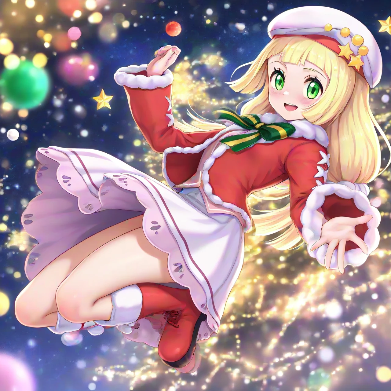 (hinosaki, miazi:0.4), (kutabireta_neko, kesoshirou, leveen:0.6), (s_zenith_lee:0.5), hinosaki, (1girl, solo,), jumping, full_body, close-up, stars, hearts, christmas_background, smiling, blush, holillie, lillie_\(pokemon\), green_eyes, blonde_hair, long_hair, bangs, white_headwear, star_\(symbol\), long_sleeves, official_alternate_costume, bow, jacket, red_jacket, fur_trim, skirt, white_skirt, long_skirt, knees, boots, fur_trimmed_boots, red_footwear, masterpiece,best quality,amazing quality,very aesthetic,high resolution,ultra-detailed,absurdres,newest,volumetric lighting