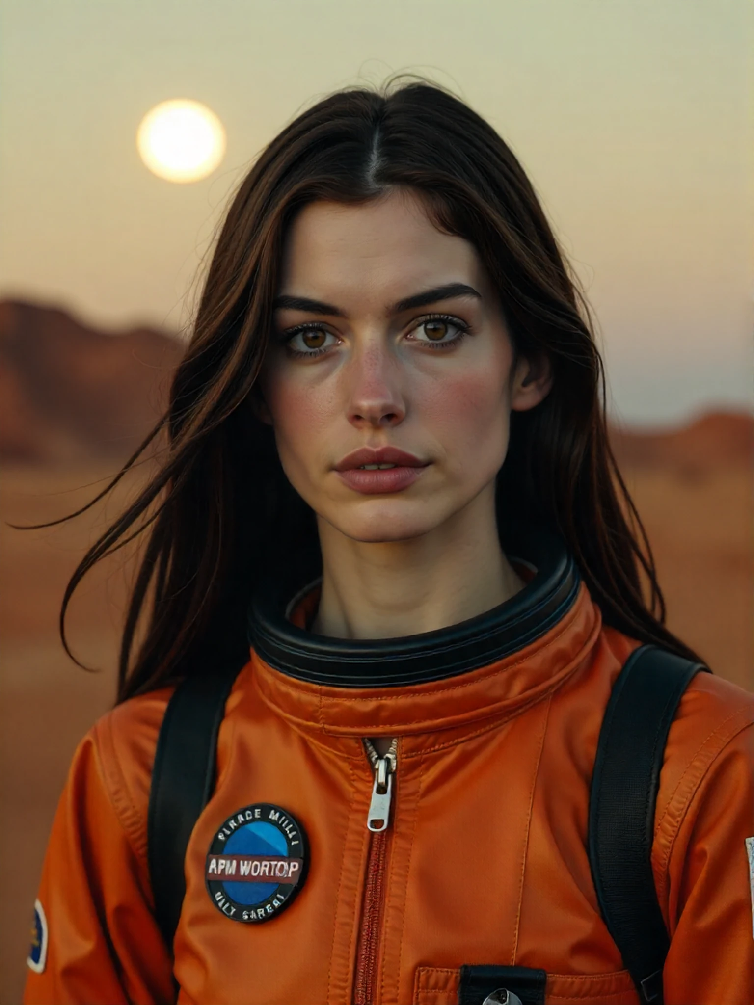 <lora:Anne_Hathaway_2010:1> woman, space suit, background is an alien planet with two suns, barren landscape, there is a small well-lit base in the background just out of focus., looking directly at the viewer, looking directly at the camera, making eye contact, looking straight ahead, modest clothes, modest apparel, chest covered, modesty <lora:zz_s_Chest_Size_Slider:-2>, extreme close-up, zoomed, focus on face, centered, macro shot, face centered, focus on eyes