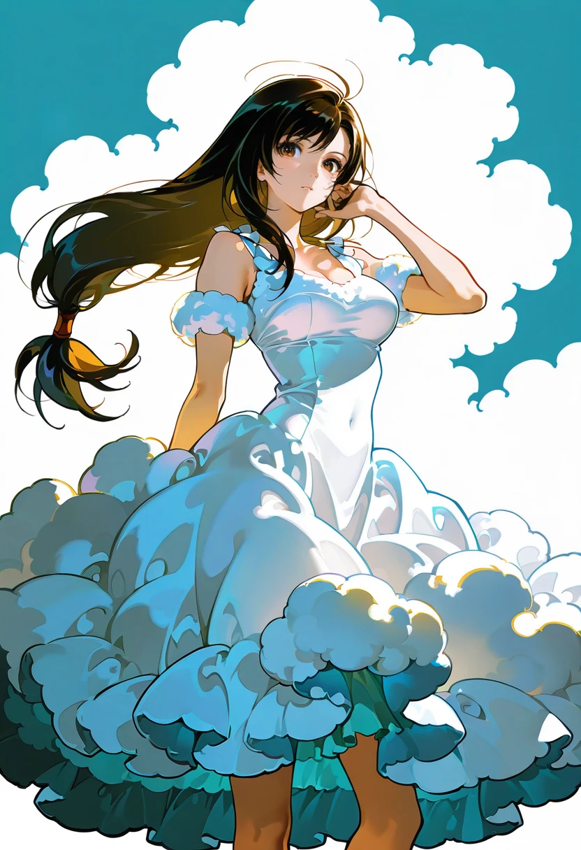 1girl,solo,looking at viewer,ikeda ruriko,cloud dress, white dress, fluffy dress, cloud, tifa_lockhart