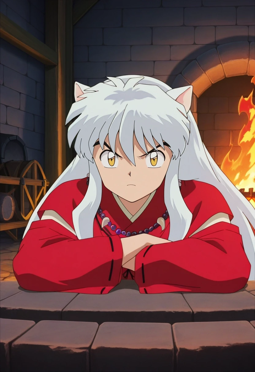 masterpiece, best quality, , anime screencap, , official style, looking at viewer, , 1boy, solo, male focus, <lora:inuyasha_ilxl:0.98>, inuyasha, white hair, yellow eyes, animal ears, dog ears, long hair, , , , , ancient forge, stone furnace, tool racks, work area, smithing pose, focused expression, fire light,