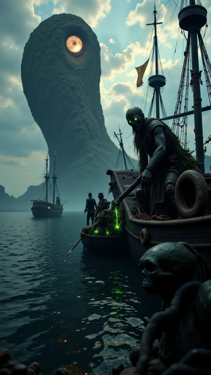 A zombie pirate crew climbing aboard a ghost ship, their glowing green eyes and tattered clothes billowing in the sea breeze.  , aidmareduxstyle, aidmafluxpro1.1, aidmahyperrealism,