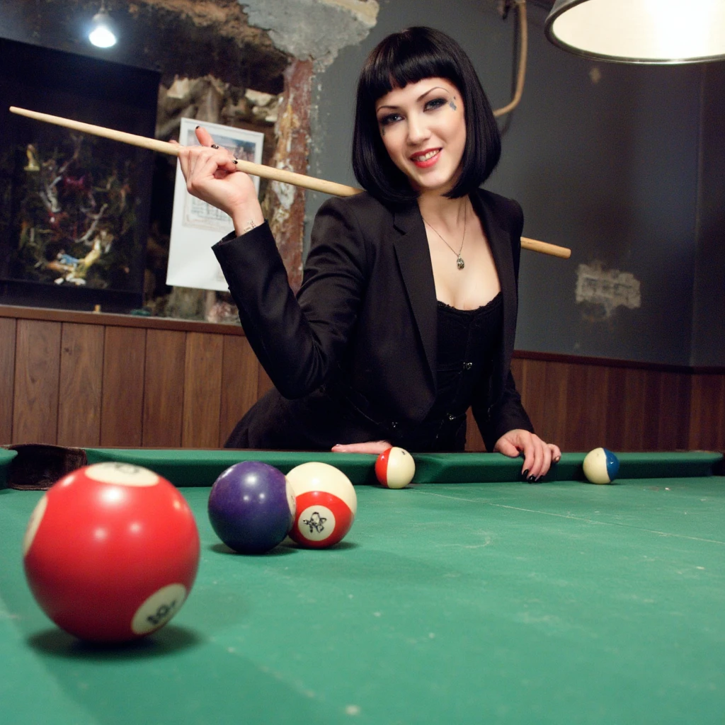 ultra realistic, ultra defined textures and colors, analog photography, 35mm film, blue hour lighting ,a candid, close up of a dark gothic young woman, wearing a beautiful high neck dress, a  long gothic coat,big high leather boots, looking directly at the viewer with nice smile, teeth, She's standing  in a pool table, she's holding a pool stick. The background features a rock bar.  <lora:Asphyxia-Noir:1>