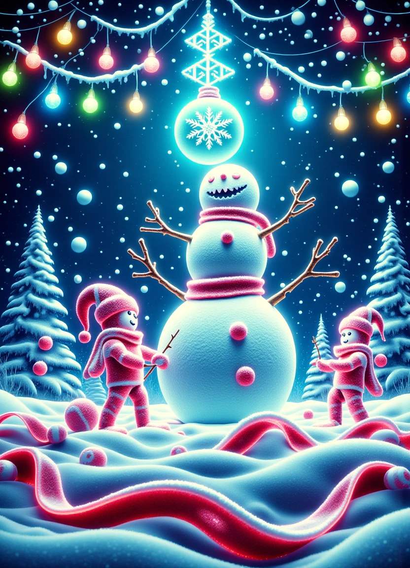 A whimsical winter wonderland scene featuring DonM style characters, DonM30nchr1stgh0stsfx, building a snowman under Christmas lights, surrounded by ribbons of roast beef, heat mist swirling around them on a Christmas Eve night with an uplifting and spirited atmosphere, yet tranquil and serene at the same time.