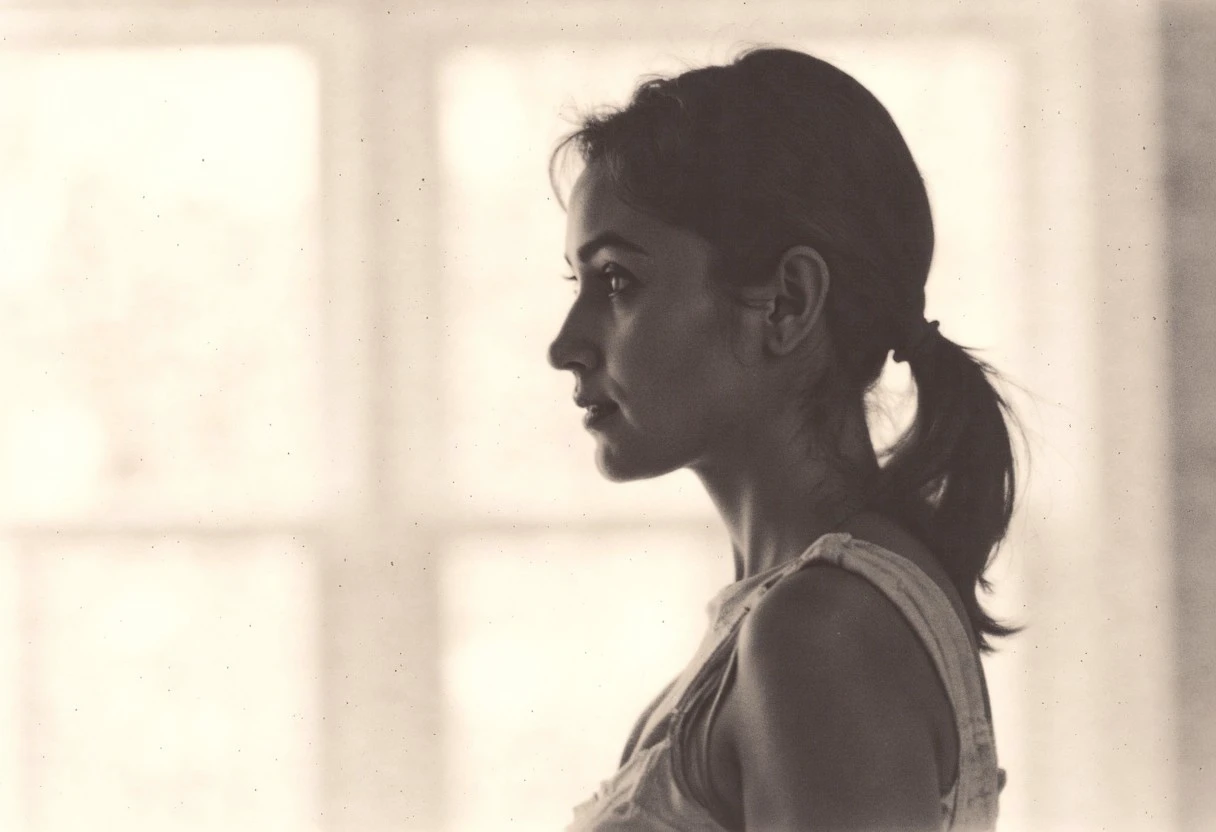 an aesthetic, minimalist depiction of a female profile in side view. The focus is on the soft contours and calm, monochromatic tones. The scene feels mystical and dreamy, almost as if viewed through a delicate mist, with gentle light accentuating the silhouette. The background is diffuse and creamy white, drawing attention to the elegant simplicity of the figure.