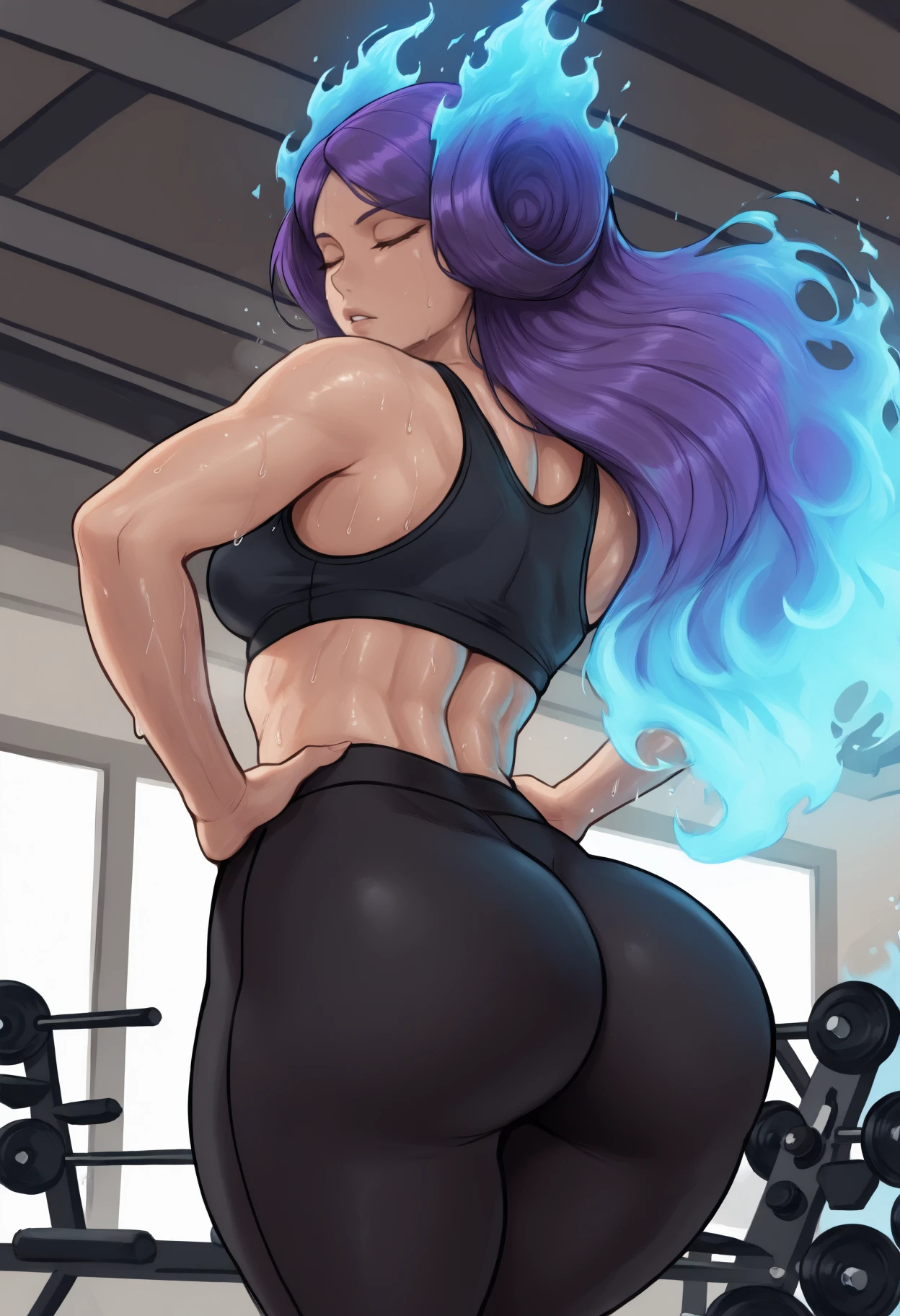 masterpiece, best quality, from behind, solo, 1girl, brgddef, sweat, parted lips, looking back, hands on own hips, purple hair, fiery hair, blue fire, closed eyes, black sports bra, black pants, yoga pants, tight pants, ass, indoors, gym, weights
<segment:yolo-Anzhc Face seg 640 v2 y8n.pt,0.4,0.5//cid=1>