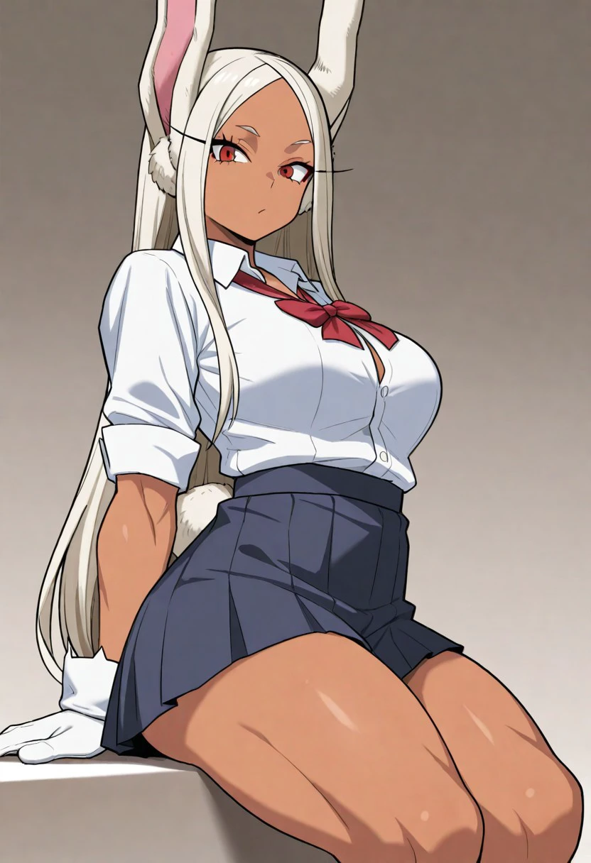 masterpiece, best quality, 32k, high resolution, absurdres, gyaru rabbit girl, 1girl, solo, white hair, thighs, looking at viewer, shirt, mirko, skirt, parted bangs, long eyelashes