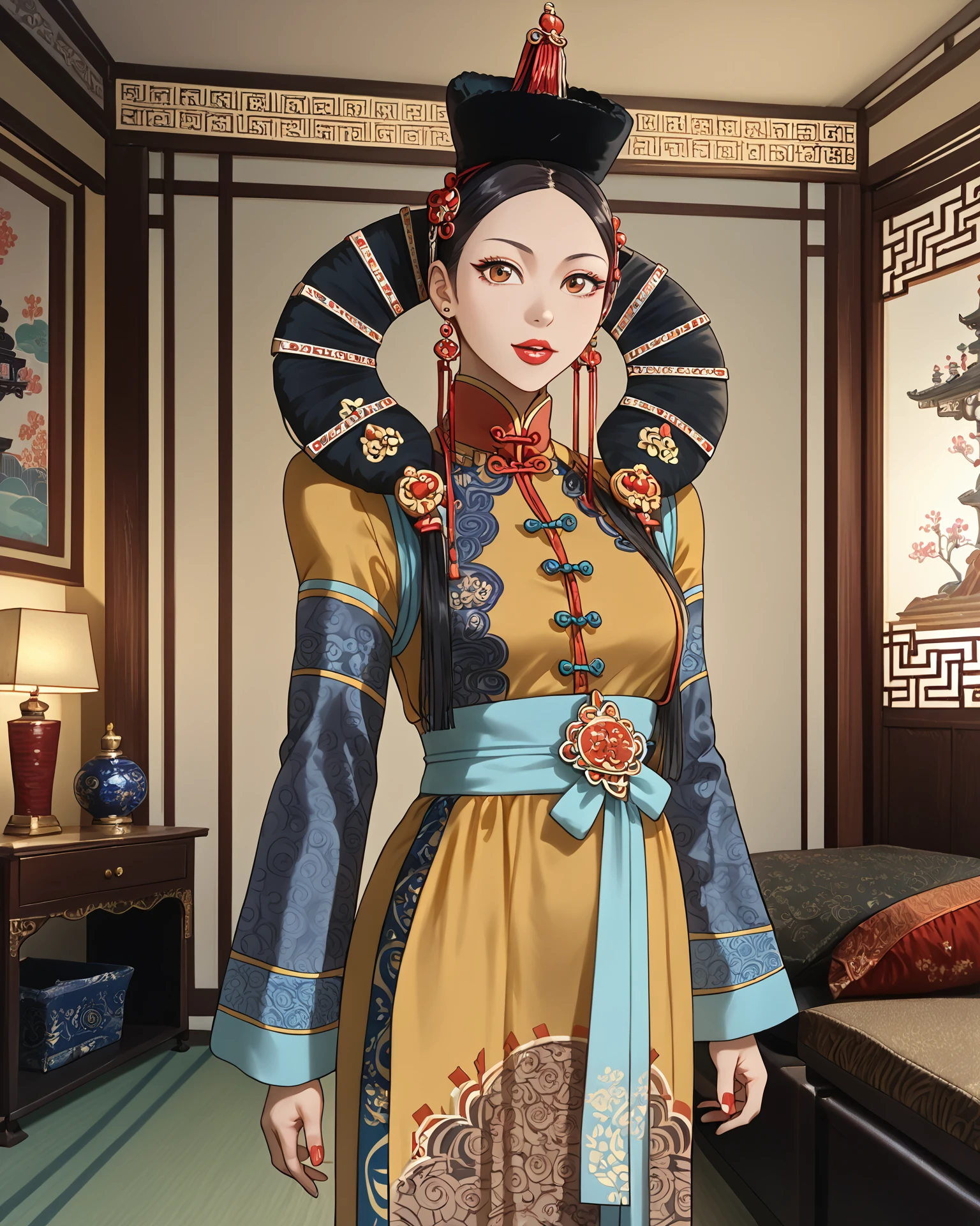 1girl, monfa, waist-up, asian room interior, anicient chinese living room, masterpiece, highest quality, absurdres, digital art, very detailed, score_9, score_8_up, score_7_up, <lora:MongolianFashion_XL:1.2>,   <lora:[pony]Sunagawa Tara:1> sunagawa tara, serene