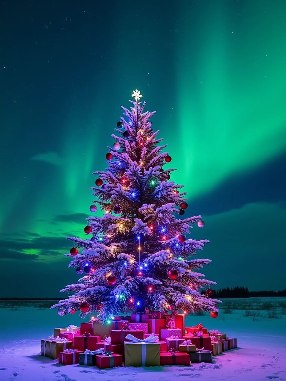 This is a photo taken in the snowy plains of Siberia, showing a tall Christmas tree covered with colorful lights and various Christmas decorations, a pile of colorful gift boxes under the tree, and colorful auroras in the sky.
coh24,Christmas tree.