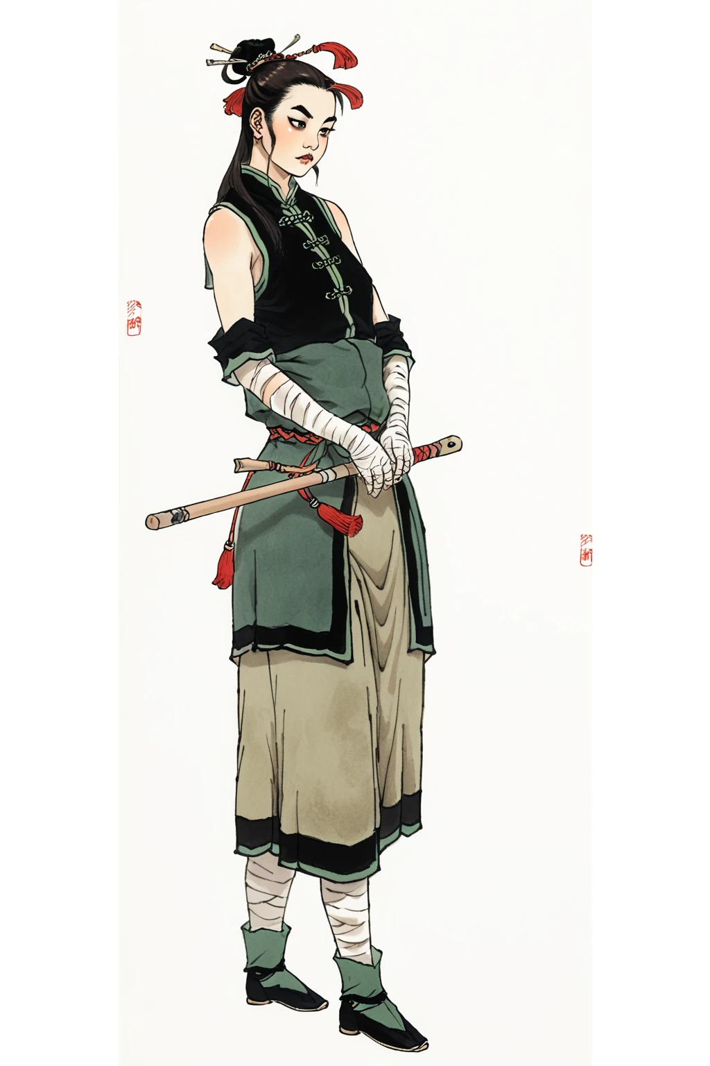 full body medieval fantasy character of a woman,

simple background, white background,

an Asian woman with fair skin and long, straight, dark brown hair. She has a symmetrical face with delicate features, including a small nose, full lips with a natural pink hue, and slightly arched eyebrows. Her eyes are almond-shaped and dark, brown eyes, with a subtle hint of makeup, enhancing their natural beauty.    


a female human monk is dressed in a dark green sleeveless vest over a white, sleeveless tunic, 
The tunic is tied at the waist with a green bandage belt wrapped around the waist, 
and the vest has a series of white, tassel-like adornments along the edges,
The creature's lower body is wrapped in a dark green cloth, secured with a green bandage belt, 
and natural green leggings under the cloth,
Green wraps are also tied around the warrior’s feet, giving the impression of bandaged boots. 
The character’s hands are adorned with similar green wraps bandage elbow-length gloves,

traditional Chinese ink painting drawing, 

The style of the painting is classic Chinese ink wash, characterized by its delicate use of shading and fine lines to create depth and texture. 
