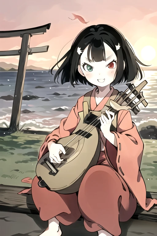 1girl(sitting,playing instrument,holding biwa lute,biwa_plectrum),solo,(masterpiece:1.2, best quality),ultra-high-detailed,ultra-detailed,sense of strength,finely detailed iris,anime,staff,full body,solo focus,medium_shot,
BREAK
<lora:HEIKE-BIWA:0.8>,heike-biwa,short hair,black hair,heterochromia,red kimono,wide sleeves,long sleeves,red pants,tabi,zouri,fang,
BREAK
outdoor,(red_torii on sea horizon),(sunset,twilight,seagull,leaf,wind lift),full face blush,peacefully smile,moody lighting,skindentation,shiny skin,<lora:hyperdetailer_v095:0.3>,<lora:ZaoDaoV1:0.5>,