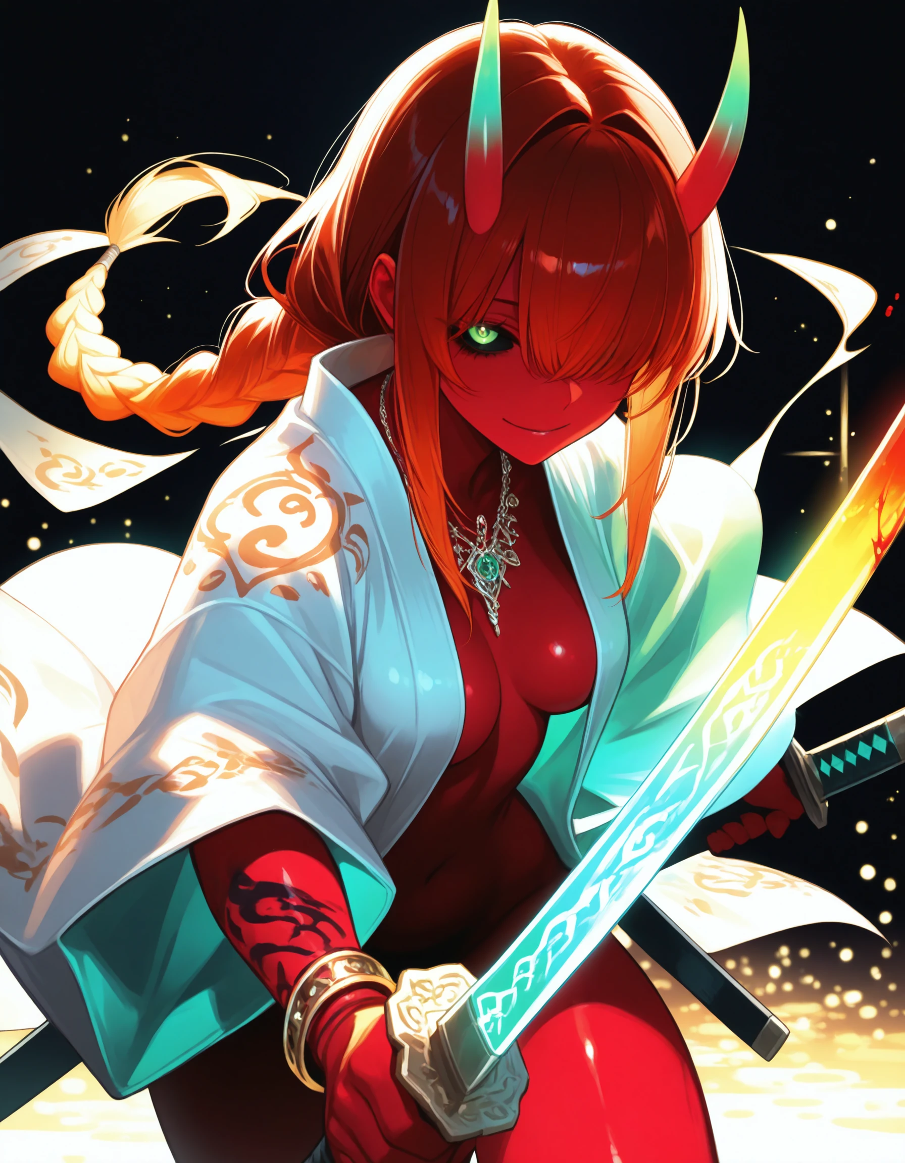 dasiwaoni, aka-oni, oni, 1girl, solo, colored skin, red skin, straight horns, gradient horns, happy, nude, beautiful face, slim face, perfect body,
amber hair, long hair, floating hair, hair intakes, hair over eyes, blood on face,
neon green eyes, black sclera, bracelet, piercing eyes, beautiful eyes, looking at viewer,
braid, braided ponytail, sidelocks, single braid,
haori, jewelry, necklace,
sword, weapon, fighting stance, holding, holding sword, holding weapon,
seductive, flirting, sexy, slutty, hot, blood splash,
intricate cinematic background, highly detailed, gradient colors, dark background, ambient occlusion, raytracing, soft lighting, bloom effect, particles, glow, shining, volumetric lighting, holographic colors, backlighting,
masterpiece, best quality, amazing quality, very aesthetic, absurdres, newest,
