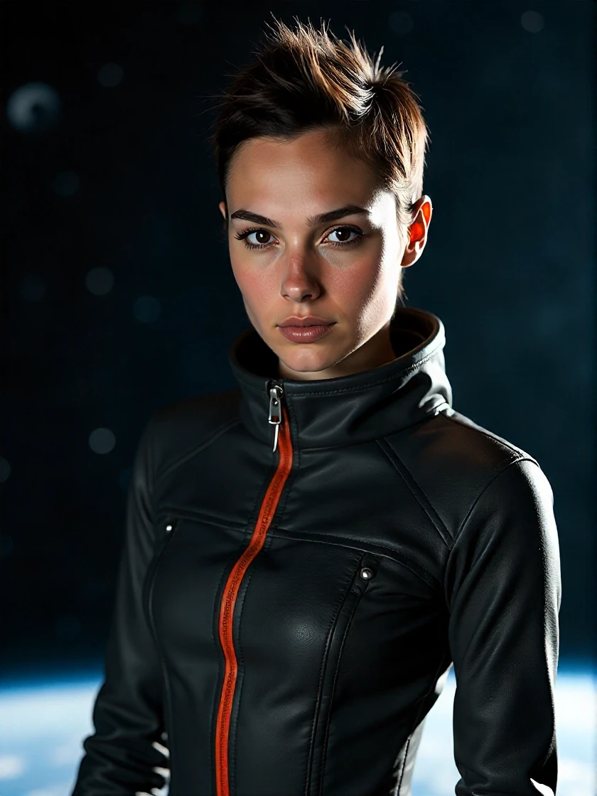 <lora:Gal_Gadot_2008:1> woman, looking directly at the viewer, looking directly at the camera, making eye contact, looking straight ahead, modest clothes, modest apparel, chest covered, modesty <lora:zz_s_Chest_Size_Slider:-2>, extremely short dark spiked hair, space walk, space suit, floating in space, a massive black hole is in the background, lighting effects, shadow effects