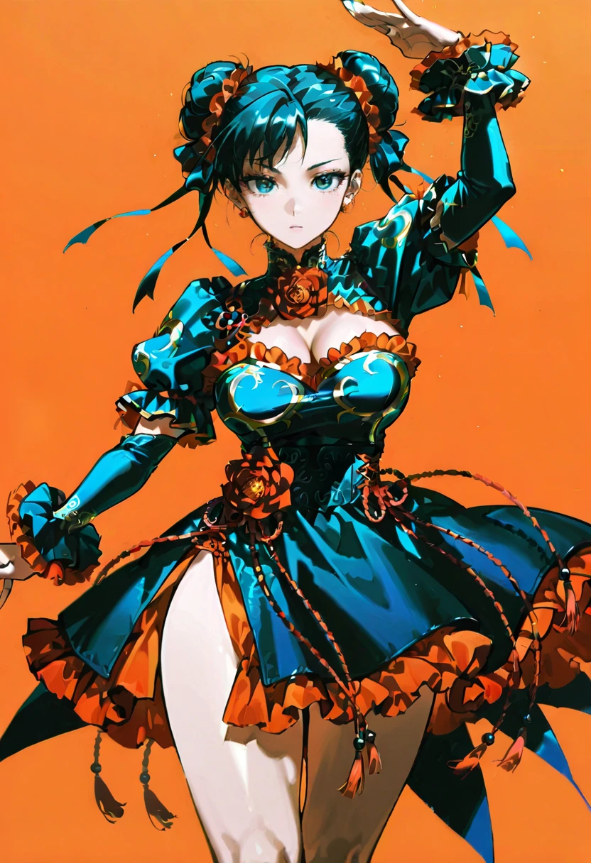 1girl,solo,looking at viewer,konya_karasue,y2khar dress, frills, dress, red flower, chun-li