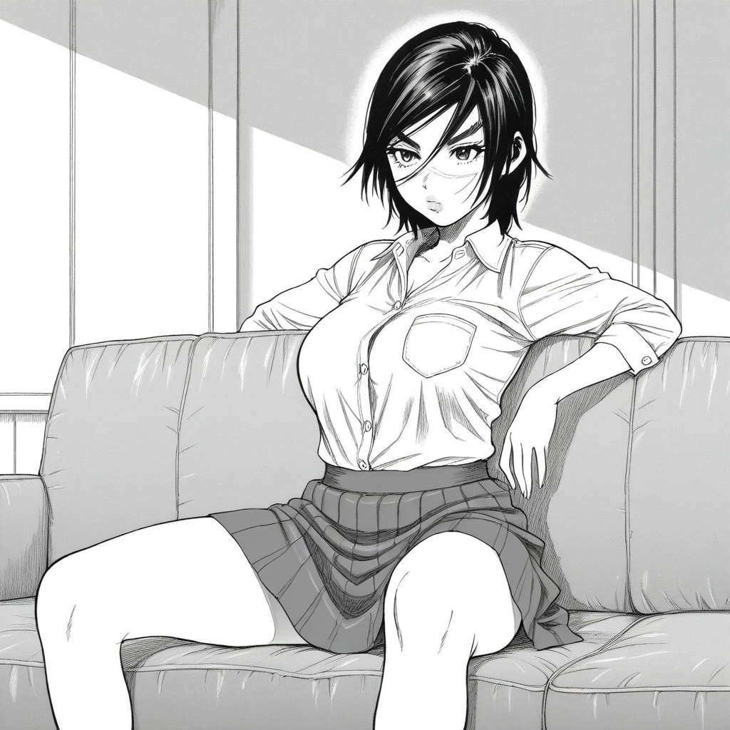 masterpiece, best quality, SaichiSugimoto, 1girl, solo, black hair, short hair, shirt, skirt, school uniform, monochrome, greyscale,    <lora:female_SaichiSugimoto_illustrious_Leaf1:1>, indoors, sitting on couch,