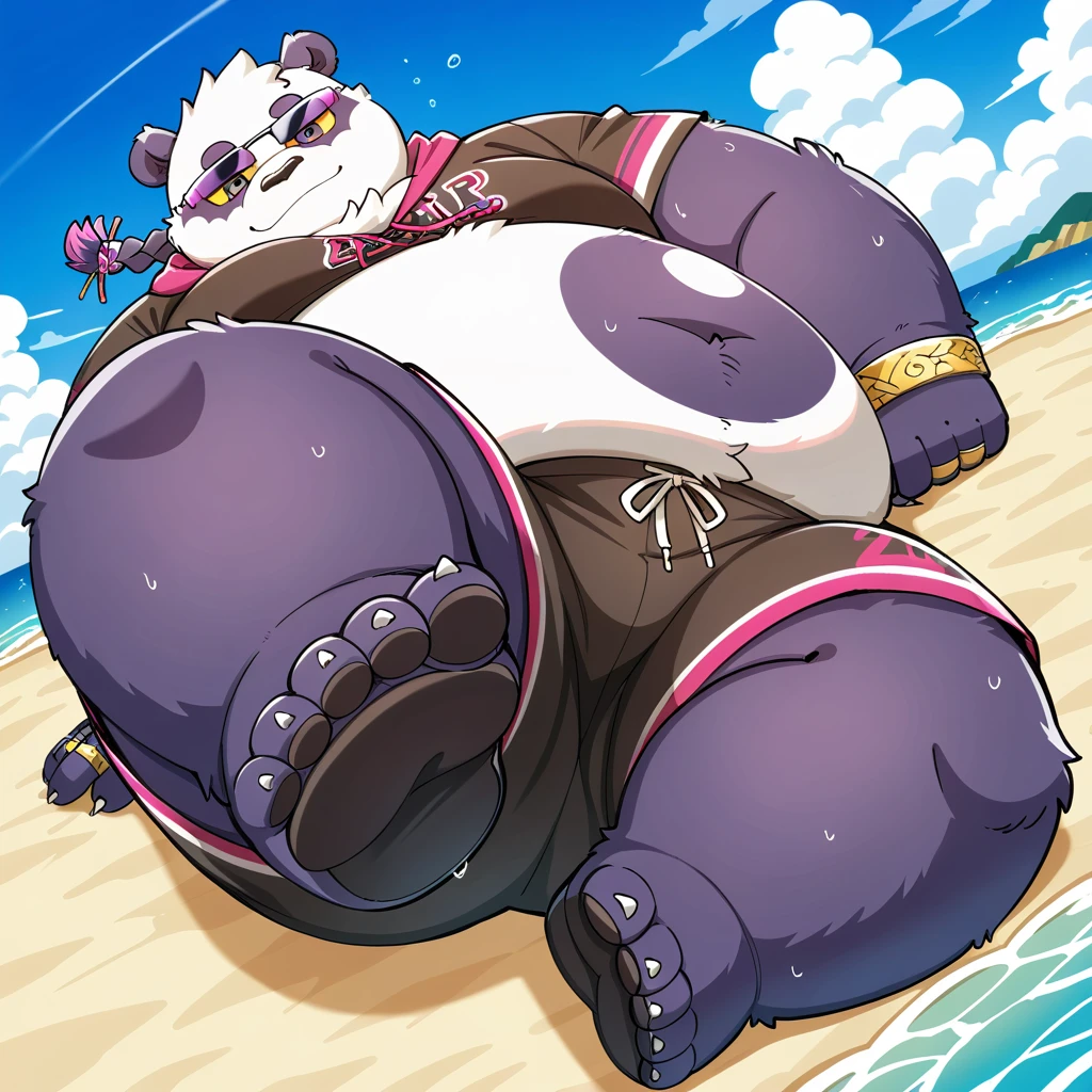 masterpiece, best quality, newest, absurdres, highres, safe,  source_anime, <lora:Alp_Housamo_PonyXL_Redux:1> alp, housamo, panda, bear, furry, fat, obese, purple and white skin, belly symbol, yellow sclera, purple eyes, bracelets, rings, (((black soles))), braid,  shorts, (((full body))), dynamic angle, dutch angle, dynamic pose, (((5 toes))), (((artist:kinoshita-jiroh))), outside, beach background, beach scenery, water, relaxing, laying down, looking at viewer, sunglasses, barefoot,