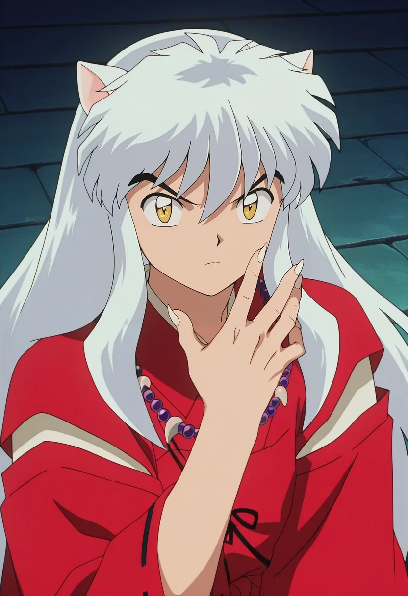 masterpiece, best quality, , anime screencap, , , looking at viewer, , 1boy, solo, male focus, <lora:inuyasha_ilxl:0.98>, inuyasha, white hair, yellow eyes, animal ears, dog ears, long hair, , , , fingernails, sharp fingernails, ,