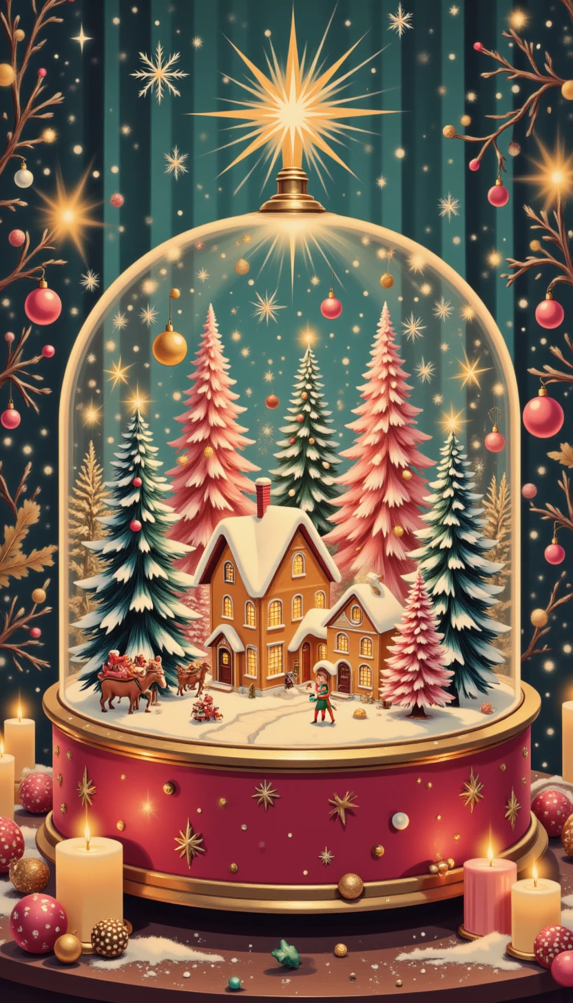 pinkclassicchristmas, 

A glowing enchanted snow globe showing a miniature Christmas village inside, sparkling with magic.
