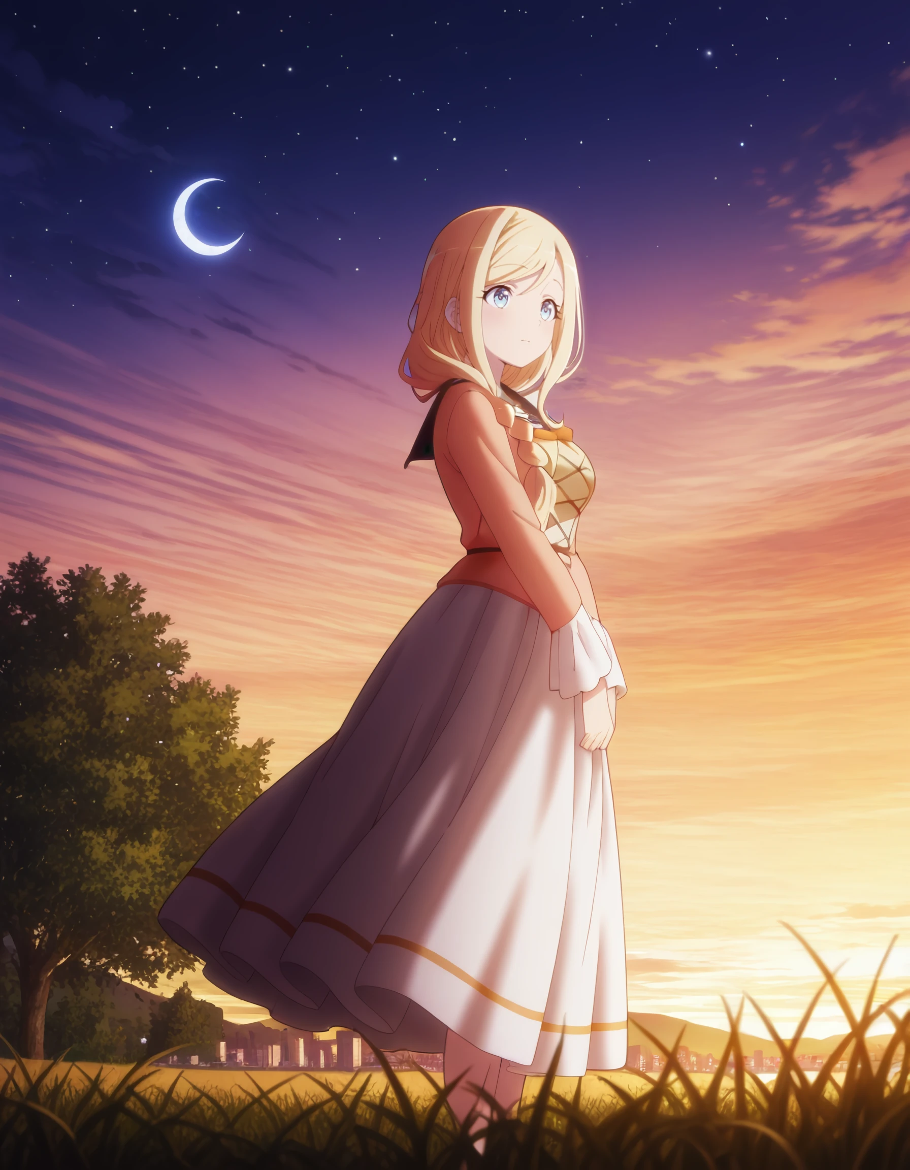 masterpiece, best quality, amazing quality,  <lora:jitsu_wa_ore_saikyou_deshita_-_natalia_zenfis_il:1> natalia_zenfis, long_hair, blonde_hair, single_braid, hair_over_shoulder, blue_eyes, , long_sleeves, dress, white_skirt, 1girl, black_sailor_collar, city_lights, cloud, crescent_moon, evening, grass, moon, outdoors, sailor_collar, scenery, sky, standing, star_(sky), star_(symbol), sunset