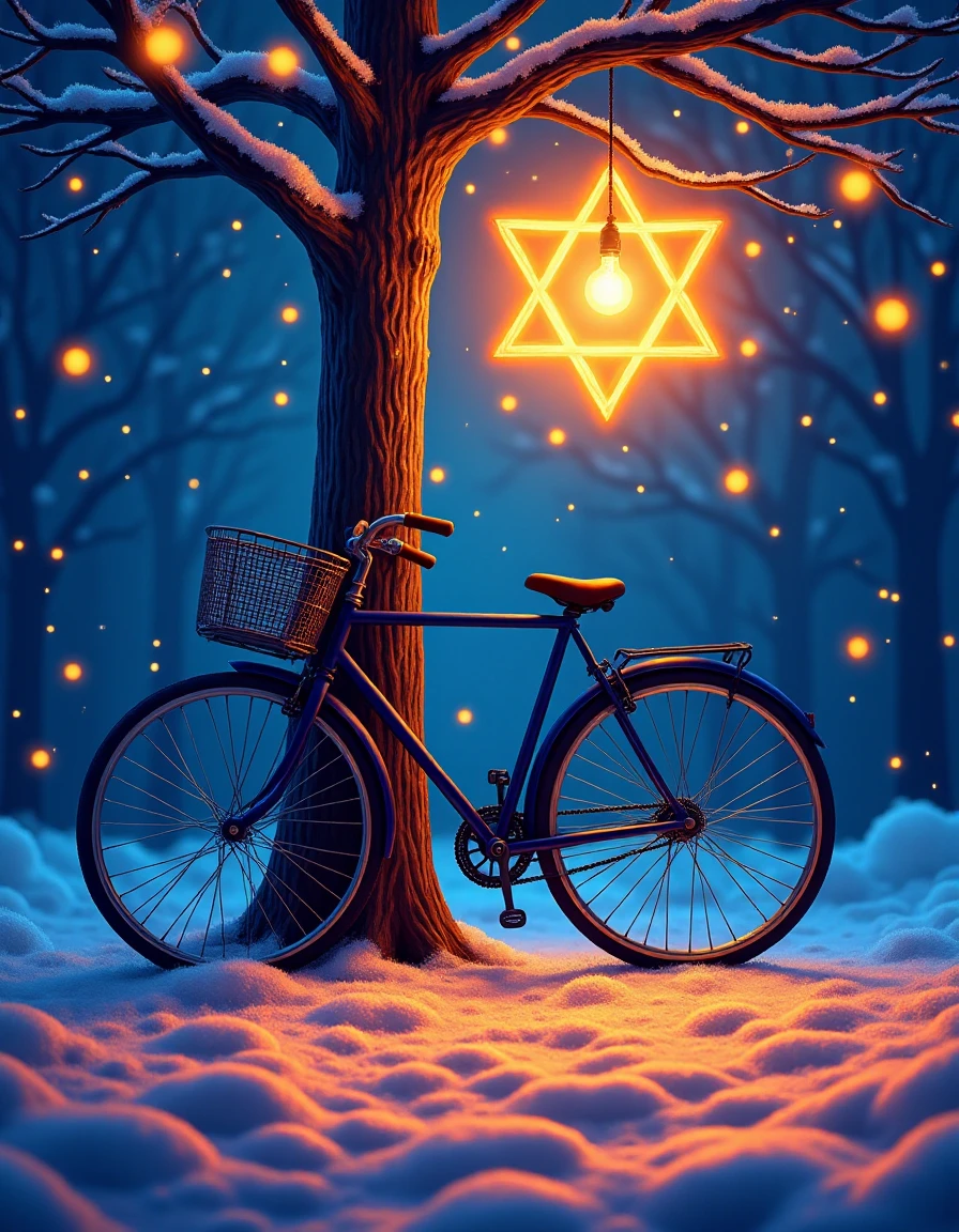 <lora:hanukkahcolors:1> hanukkahcolors, bicycle leaning against a tree