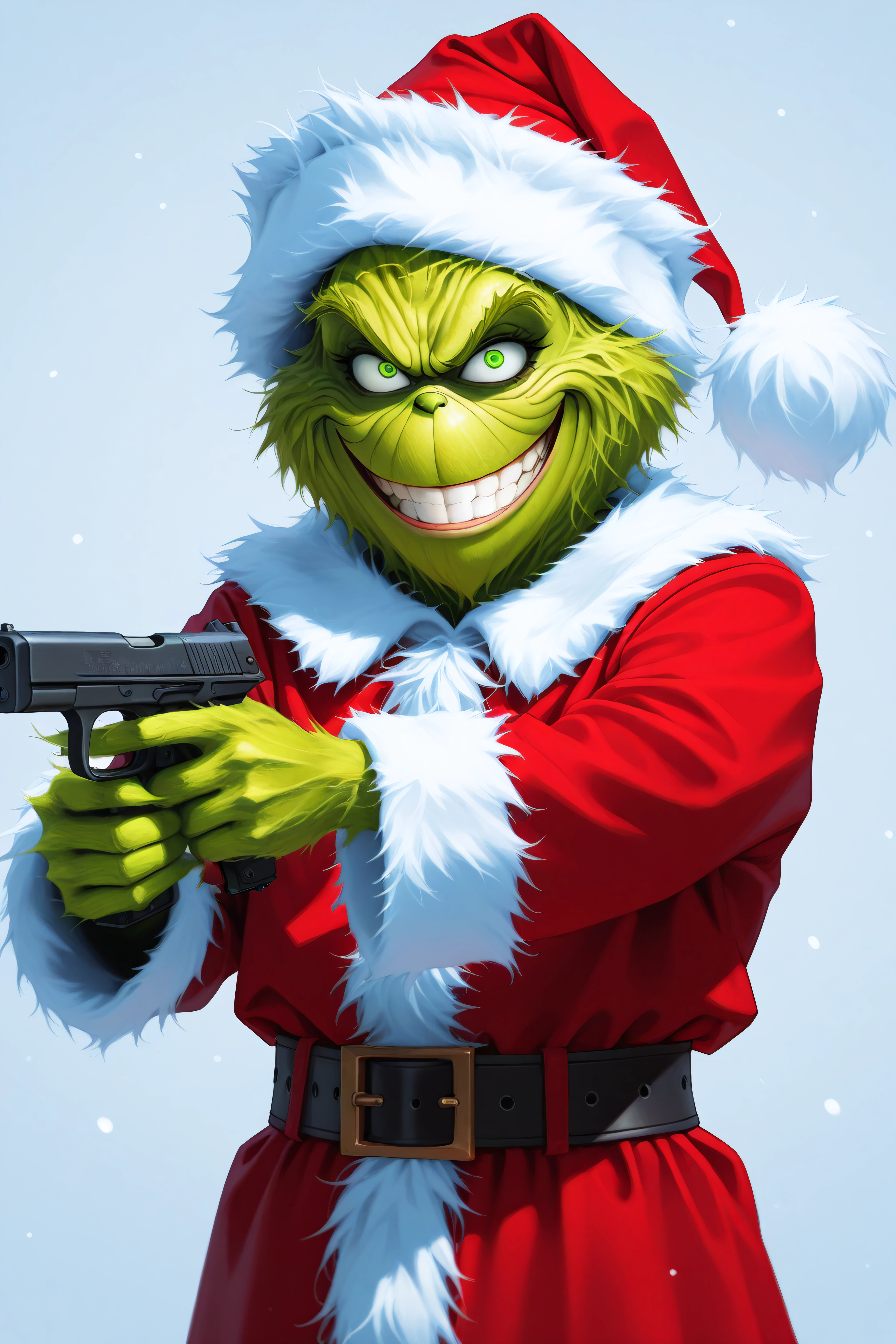 masterpiece, best quality, <lora:The Grinch-Illustrious-lora-Faxtron:1> the grinch, green eyes, santa hat, santa costume, belt,  handgun, holding gun, holding weapon, dual wielding, finger on trigger, smile, grin, crazy eyes,