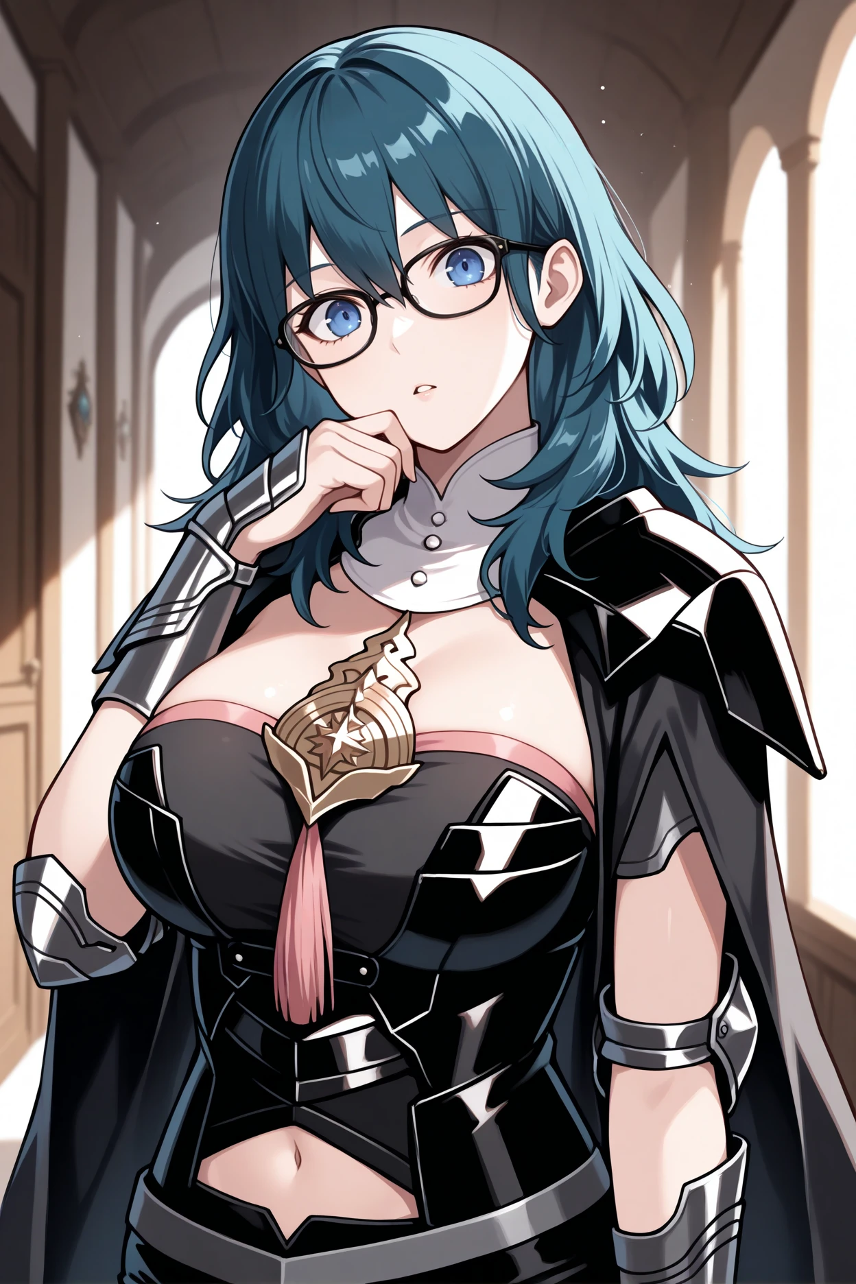 masterpiece, best quality, 1girl, solo, <lora:febyleth-illu-nvwls-v1-000006:1> dfblth, dark blue hair, blue eyes, long hair, hair between eyes, black cape, black armor, shoulder armor, black bustier, detached collar, pendant, tassel, navel cutout, black shorts, short shorts, armlet, vambraces, big breasts, looking at viewer, glasses, head tilt, confused, hand on own chin, parted lips, hallway, from side, upper body