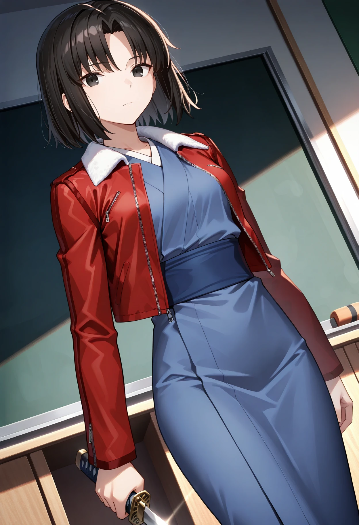 masterpiece,best quality, r_shiki, 1girl, solo, short hair, parted bangs, black hair ,black eyes,red fur-trimmed jacket,blue kimono, japanese clothes,sash,long sleeves, small breasts, expressionless, looking at viewer, holding knife, weapon,  standing, cowboy shot, classroom, dutch angle,  <lora:r_shiki2_IL-000009:0.9>