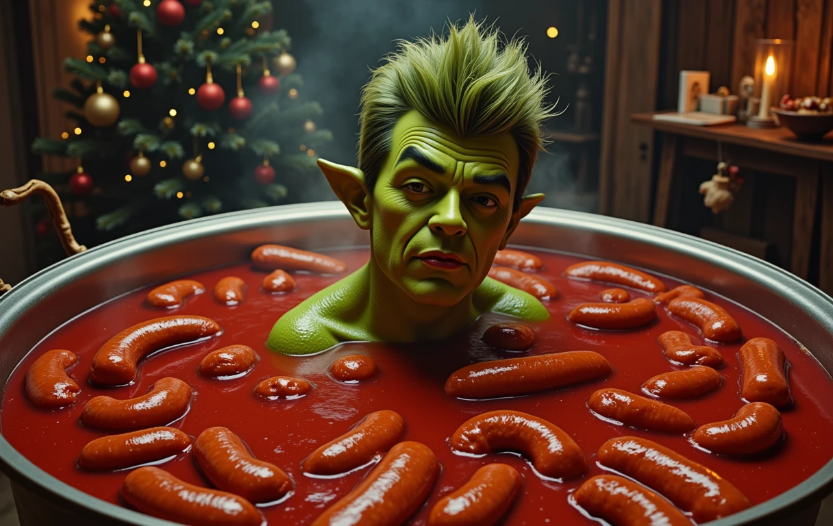 The new wave grinch with a dumb pompadour, bobbing for sausages in a vat of sparkling red holiday gravy, in a manger.