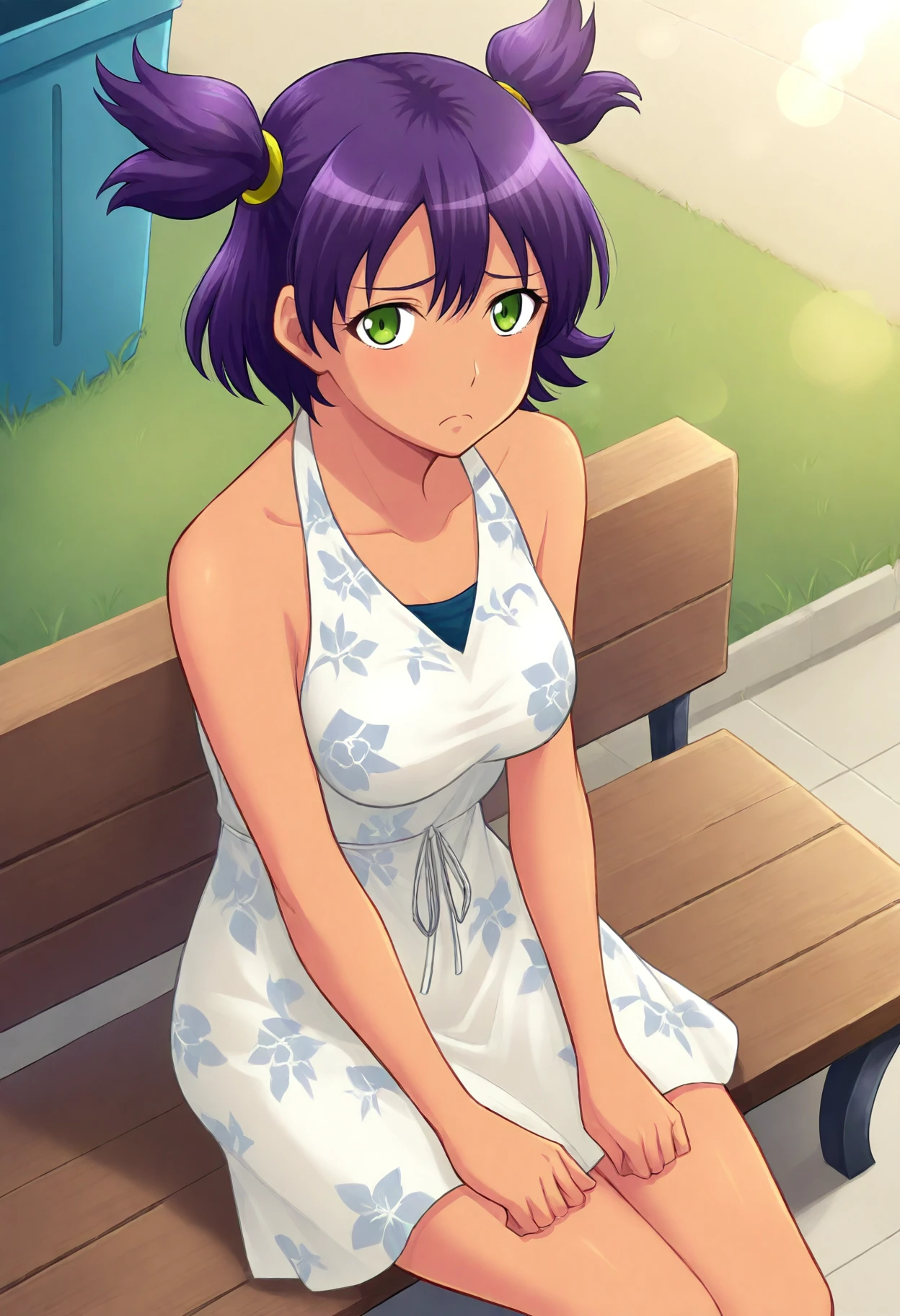 <lora:UnylIll++cWr-000009:1>
UnylIll, two side up, 1girl, green eyes, purple hair, short hair, hair tie, (dark-skinned female:0.4), medium breasts,
sundress, white dress, sleeveless dress, floral print, print dress, bare arms,
frown, sad, sitting on bench, from above, looking up, looking at viewer,
sunlight, lens flare, dutch angle, tile_floor, outdoors, trash can, grass,
(perfect quality, best quality, masterpiece, absurdres, newest)