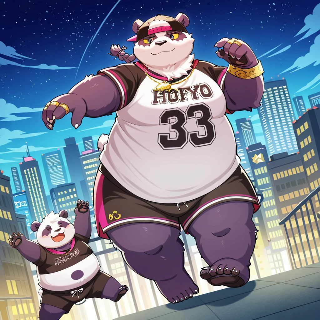 masterpiece, best quality, newest, absurdres, highres, safe,  source_anime, <lora:Alp_Housamo_PonyXL_Redux:1> alp, housamo, panda, bear, furry, fat, obese, purple and white skin, yellow sclera, purple eyes, wearing clothes, bracelets, rings, (((black soles))), braid, cap, (((full body))), dynamic angle, dutch angle, dynamic pose, (((5 toes))), (((artist:kinoshita-jiroh))), playful pose, dancing, city background,