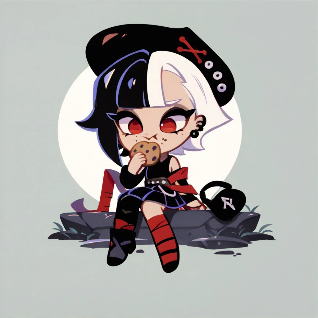 score_9, score_8_up, score_7_up, score_6_up, score_5_up, score_4_up, currant, black hair, white hair, red eyes, black shirt, black skirt, mismatched shoes, purse, black hat, ribbon, sitting, cookie, eating