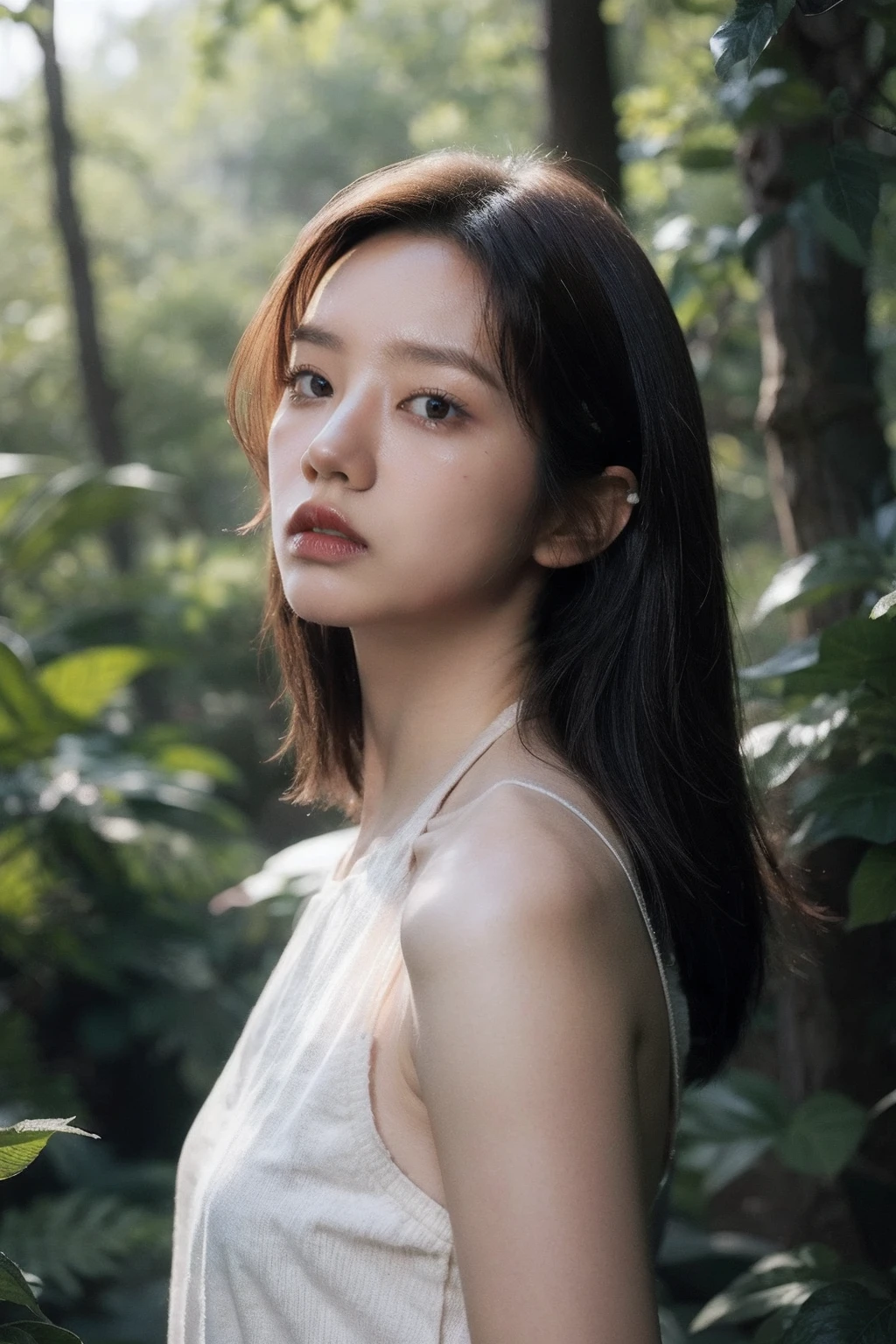 (realistic), (hyperrealism),best quality, masterpiece,ultra high res, (photorealistic:1.4),1girl,pale skin,skinny,(looking at viewer), <lora:add_detail:0.6>,dark forest, sun ray,
, (tattered) white halter dress , cowboy shot, <lora:makina69_hyeri_v1.0:1>