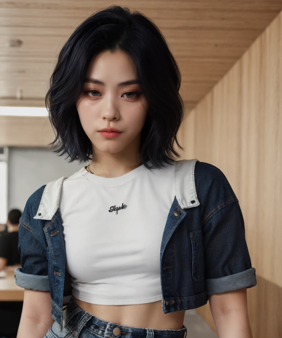 [extremely detailed background], portrait of shinryujin wearing (black t-shirt, denim pants), (short hair, black hair), (looking at viewer),    <lora:Ryujin-08:1>