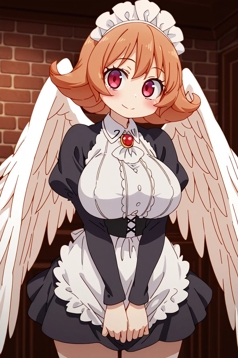 masterpiece, best quality, 1girl, solo, eyelashes, (beautiful eyes),   Meidri, 1girl, bangs, large breasts, brown hair, long sleeves, dress, frills, wings, puffy sleeves, orange hair, apron, maid, maid headdress, juliet sleeves, monster girl, feathered wings, puffy long sleeves, white wings, flipped hair, harpy,   blush, indoors, brick wall, blurry background,  ,cowboy shot, smile, looking at viewer,  <lora:Ishuzoku_Reviewers_IXL:1.0>,