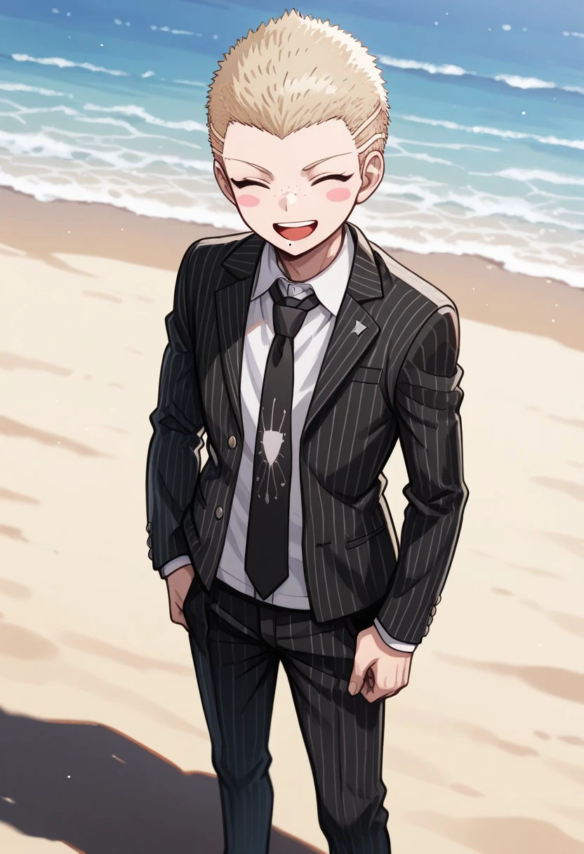 masterpiece, best quality, 
Fuyuhiko, 1boy, male focus, solo, closed eyes, blonde hair, very short hair, blush stickers, freckles, mole, mole under mouth, formal, shirt, white shirt, collared shirt, necktie, black necktie, jacket, black jacket, open jacket, open clothes, striped jacket, stripes, vertical stripes, smile, upper teeth, open mouth
outdoor, beach,