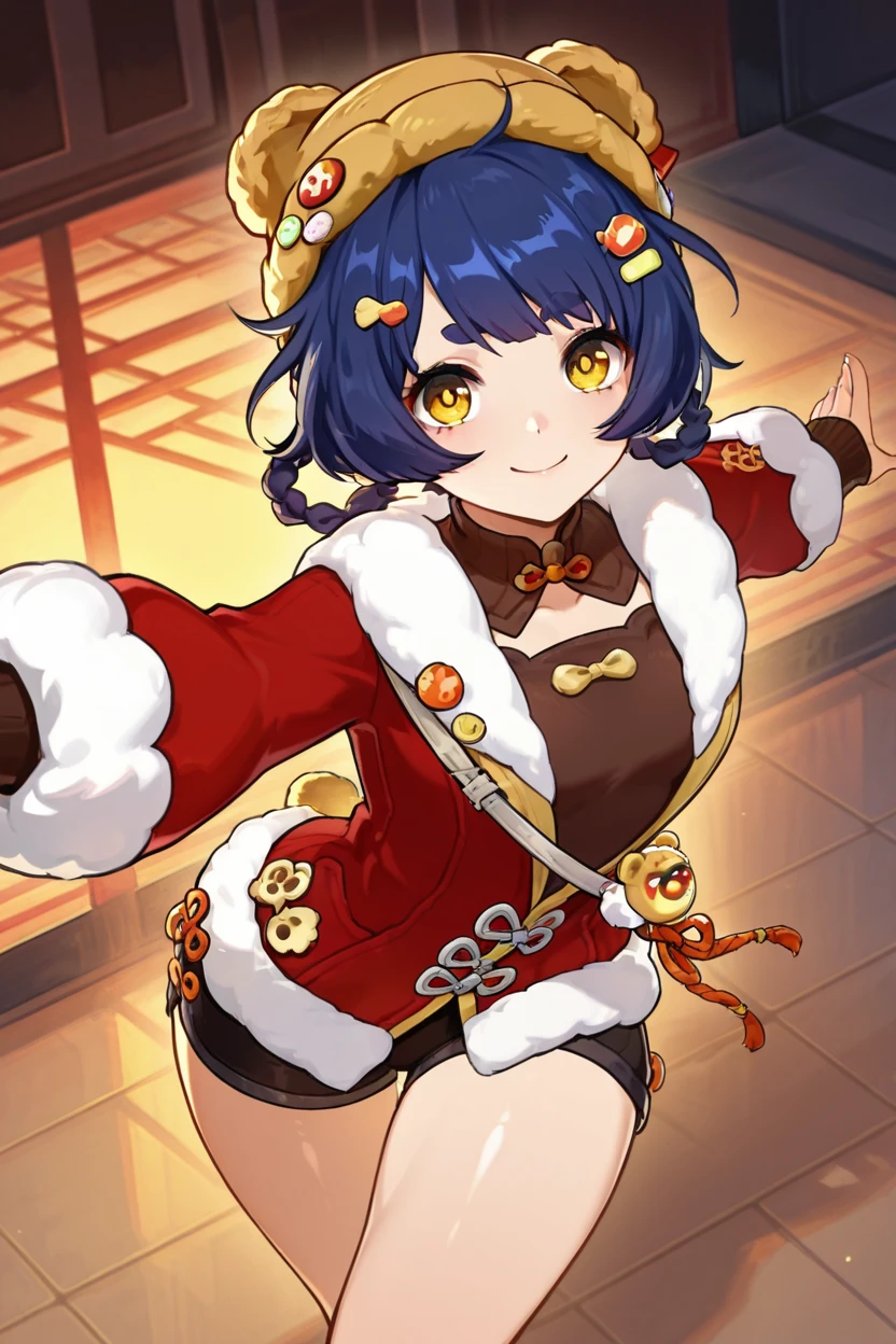 masterpiece, best quality, solo, curvy, beautiful eyes,zzXianglingNC, yellow eyes, blue hair, hair ornament, hair rings, hairclip, short hair, alternate costume, twin braids, sidelocks, long sleeves, hat, jacket, braid, coat, fur trim, chinese clothes, black shorts, ,<lora:Xiangling_NewYearsCheer_IXL_v2:0.8>, from above, dynamic pose, cowboy shot, smile, looking at viewer, shiny skin,