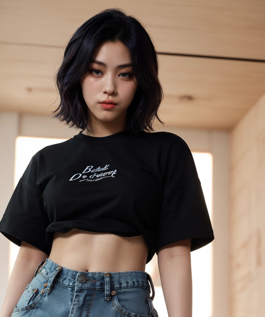 [extremely detailed background], portrait of shinryujin wearing (black t-shirt, denim pants), (short hair, black hair), (looking at viewer),    <lora:Ryujin-08:1>