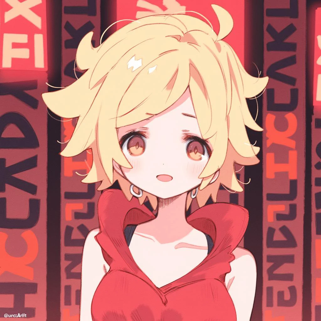 Urcarta \(Artist\), @urct, 裏方 \(芸術家\), 1 woman with short blonde curly hair, wearing a red dress with hoop earrings, smiling and wearing with eyeliner, background is a hollywood red-carpet style banner, background has the word "FLUX" in a repeating pattern