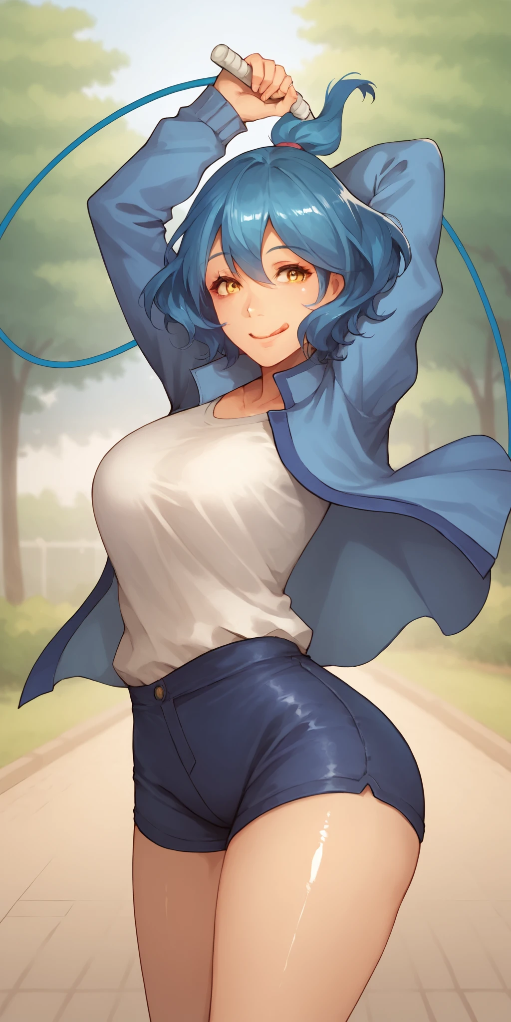 score_9, score_8_up, score_7_up, 1girl, mature female, shiny skin, <lora:Expressive_H:0.8>, <lora:Phillys:0.8>,phillys, blue hair, short hair, yellow eyes, ponytail, blue shorts, looking at viewer, white shirt, blue jacket, licking lips, jump rope,cowboy shot, park, smile, solo, rope, short shorts,